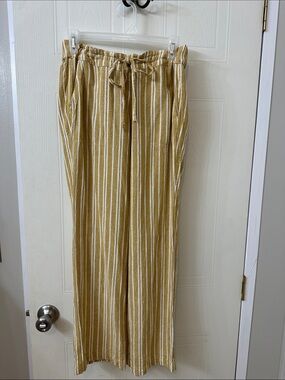 Per Se Linen-Mustard Yellow Stripe Drawstring Wide-Leg Pants with Pockets